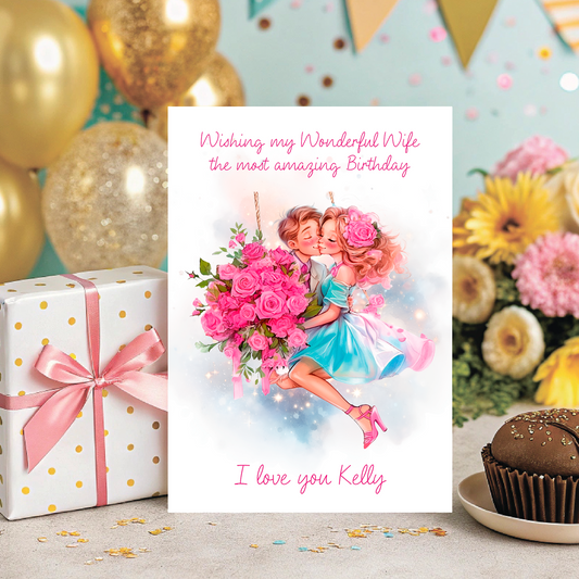Birthday Card with an illustration of a  man  kissing a woman's cheek  on a swing  holding a large bouquet of pink roses  with personalised text  for name and relationship