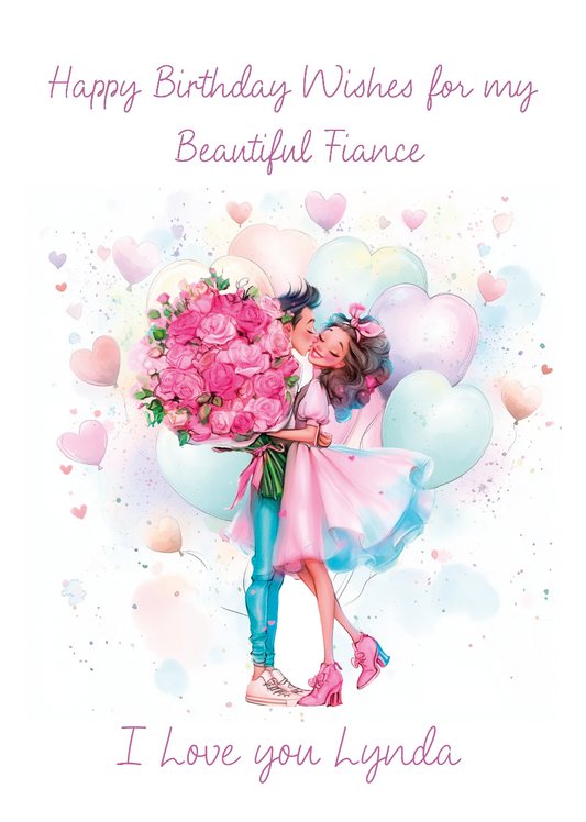 Birthday Card with an illustration of a  man holding  a bunch of flowers giving them to a woman wearing a pretty dress    surrounded by heart shaped, pastel colour balloons with  personalised text  for name and relationship