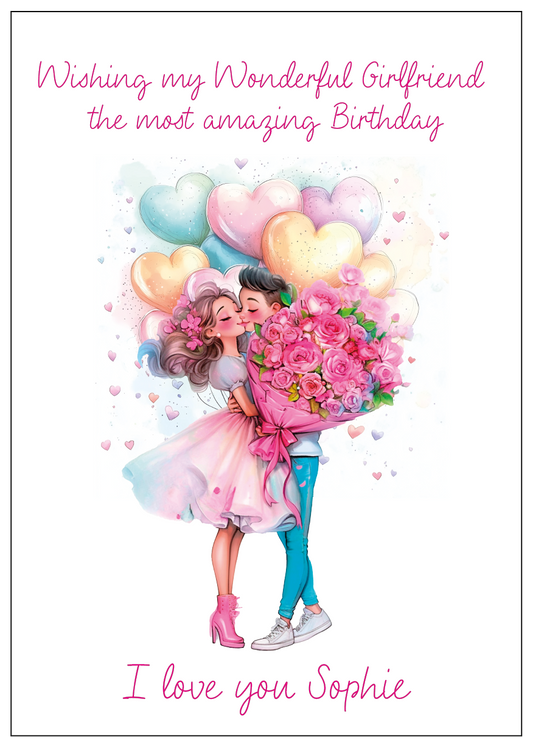Birthday Card with an illustration of a  man holding  a bunch of flowers giving them to a woman wearing a pretty dress    surrounded by Heart shaped pastel colour balloons with  personalised text  for name and relationship
