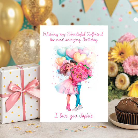 Birthday Card with an illustration of a  man holding  a bunch of flowers giving them to a woman wearing a pretty dress    surrounded by Heart shaped pastel colour balloons with  personalised text  for name and relationship