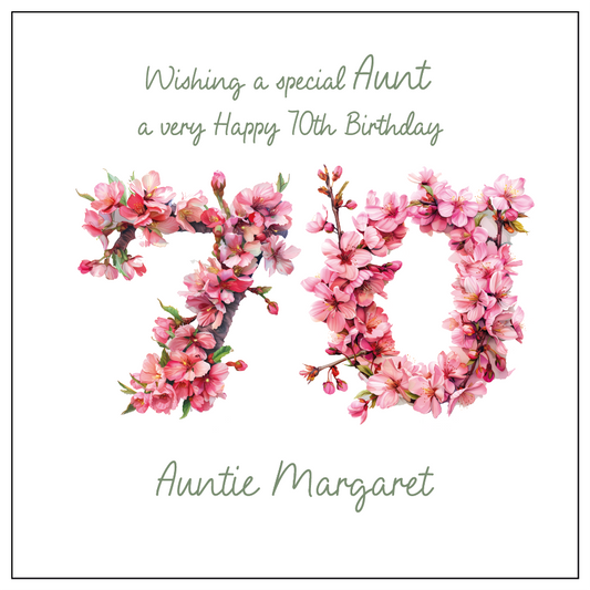  A Birthday Card with  number 70 decorated in cherry blossoms  with personalised birthday text for name, age and relation