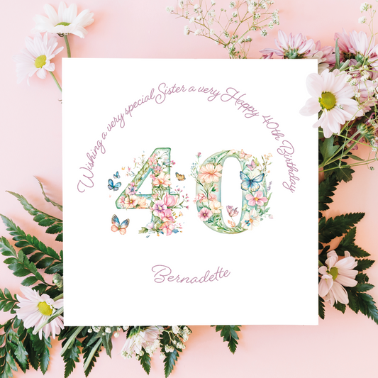  A Birthday Card with pastel coloured floral number 40 and butterflies with personalised birthday text for name, age and relation