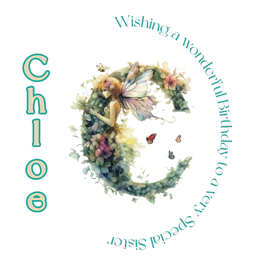 A birthday card with a letter C decorated with flowers and a fairy  in pastel colours.  with a personalised birthday message .