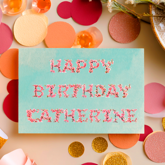A Birthday Card containing  cherry blossom letters that spell out Happy Birthday and personalised with a name. on a confetti background