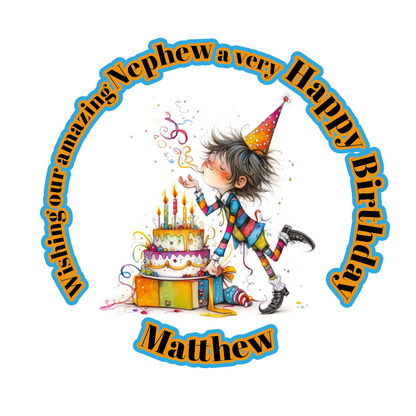 A Vibrant Colourful Birthday card with an illustration of a boy with a  Birthday cake and personalised text. Can be personalised for name age and relation