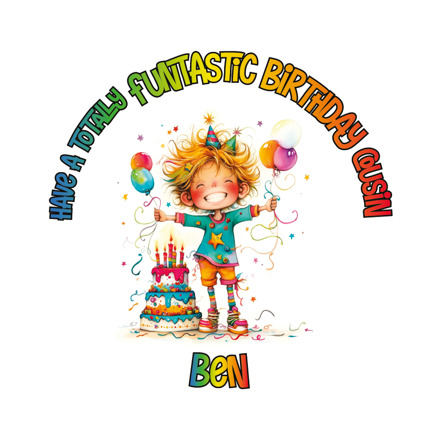 A Vibrant Colourful Birthday card with an illustration of a boy with a  Birthday cake and personalised text. Can be personalised for name age and relation