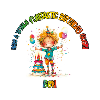 A Vibrant Colourful Birthday card with an illustration of a boy with a  Birthday cake and personalised text. Can be personalised for name age and relation