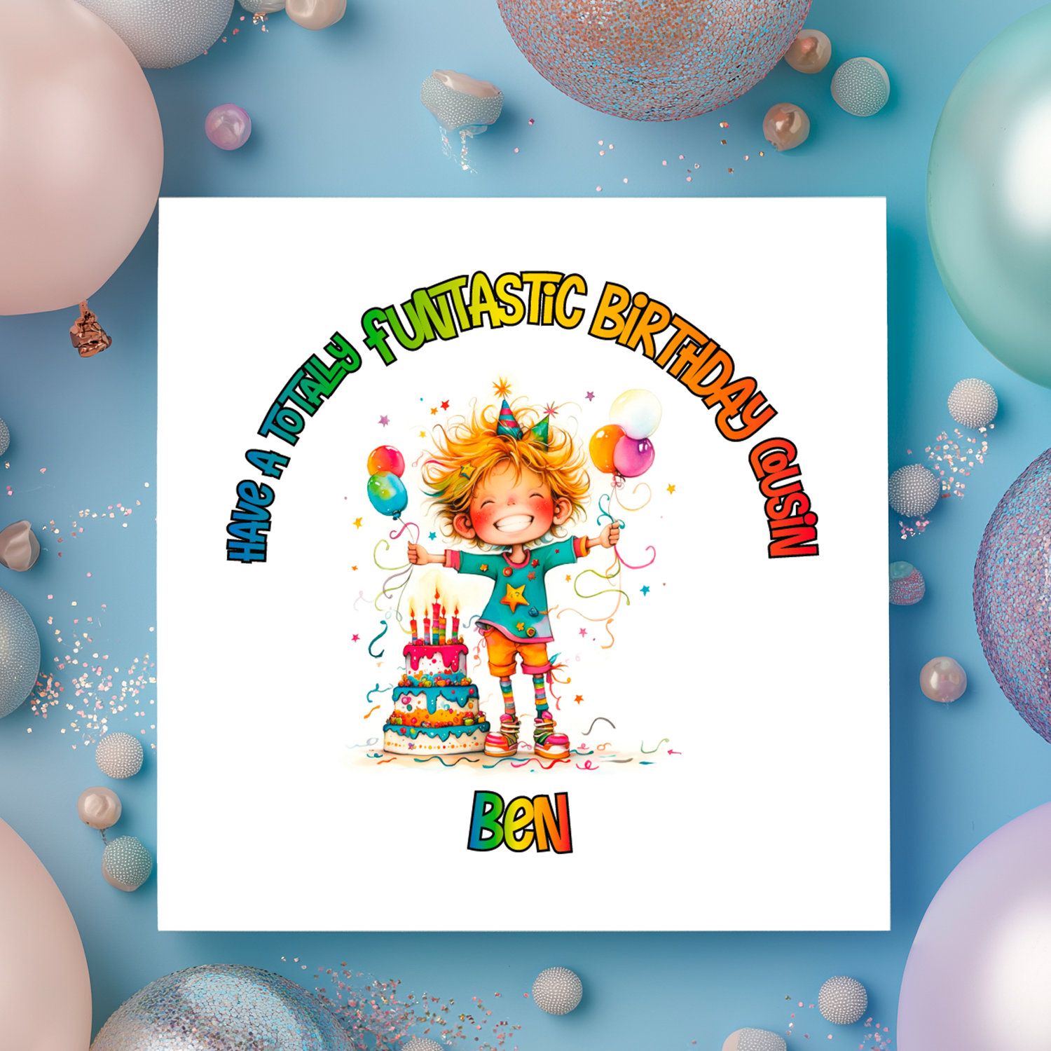 A Vibrant Colourful Birthday card with an illustration of a boy with a  Birthday cake and personalised text. Can be personalised for name age and relation