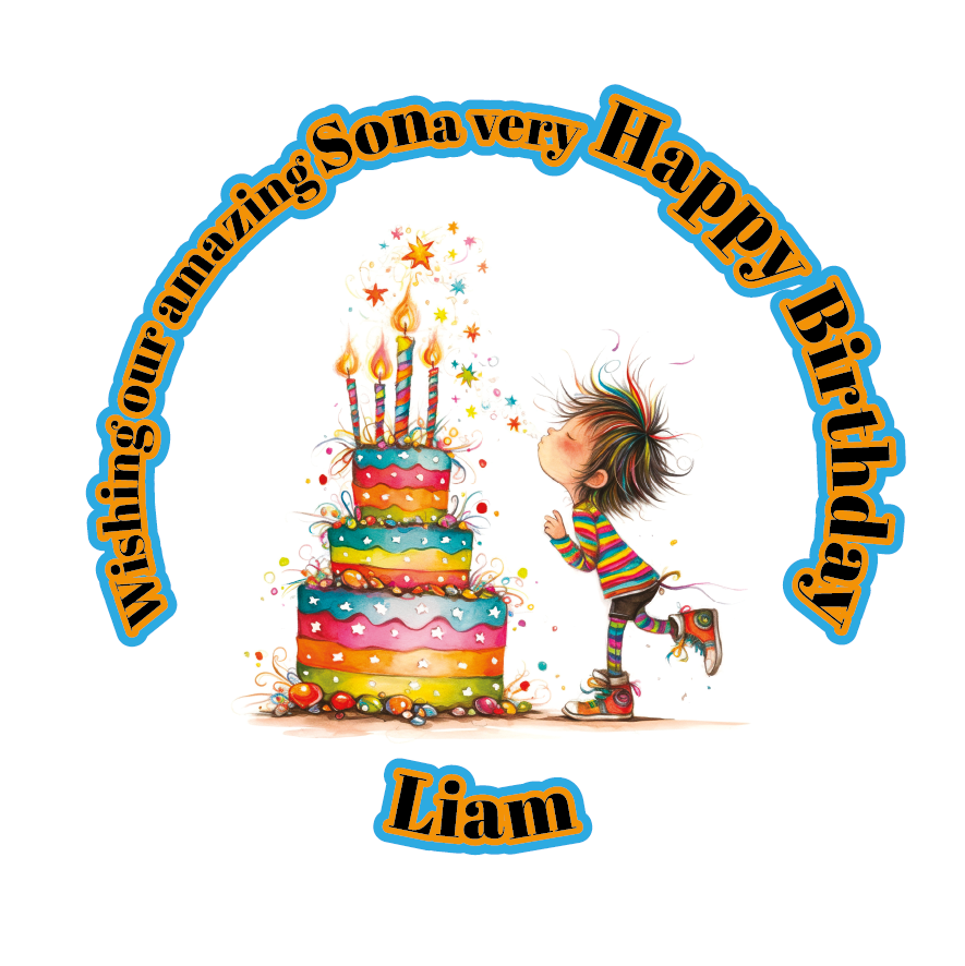 A Vibrant Colourful Birthday card with an illustration of a boy with a  Birthday cake and personalised text. Can be personalised for name age and relation