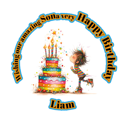 A Vibrant Colourful Birthday card with an illustration of a boy with a  Birthday cake and personalised text. Can be personalised for name age and relation
