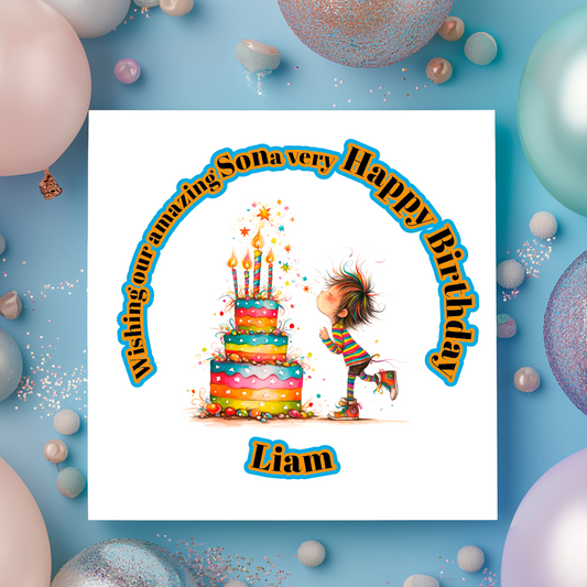 A Vibrant Colourful Birthday card with an illustration of a boy with a  Birthday cake and personalised text. Can be personalised for name age and relation