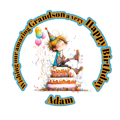 A Vibrant Colourful Birthday card with an illustration of a boy with a  Birthday cake and personalised text. Can be personalised for name age and relation