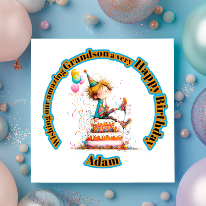 A Vibrant Colourful Birthday card with an illustration of a boy with a  Birthday cake and personalised text. Can be personalised for name age and relation