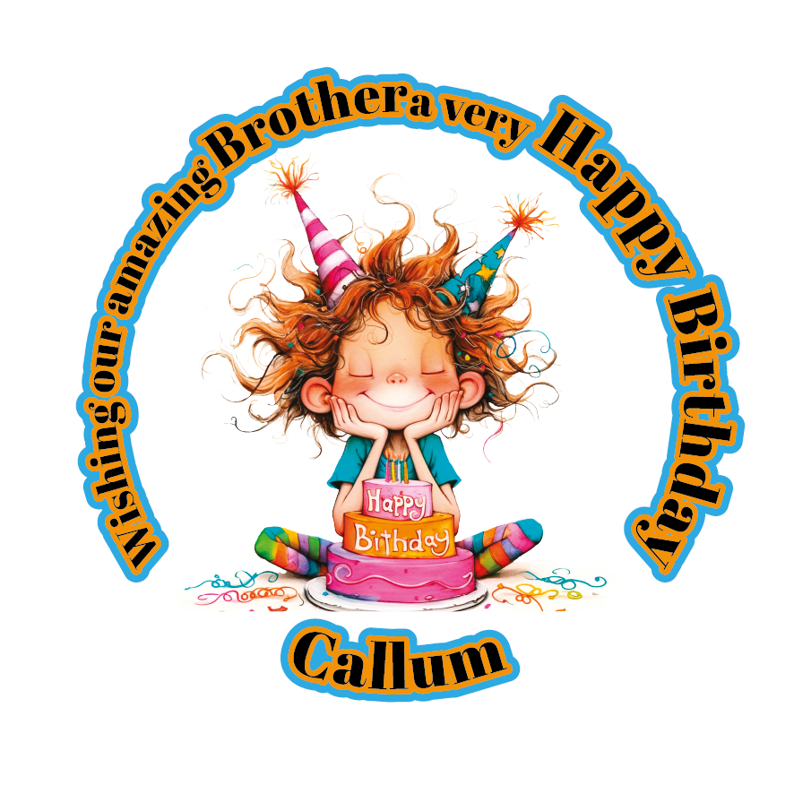 A Vibrant Colourful Birthday card with an illustration of a boy with a  Birthday cake and personalised text. Can be personalised for name age and relation