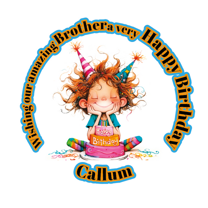 A Vibrant Colourful Birthday card with an illustration of a boy with a  Birthday cake and personalised text. Can be personalised for name age and relation