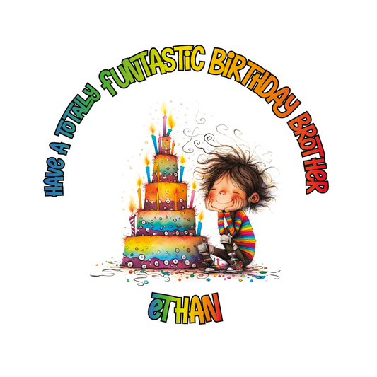 A Vibrant Colourful Birthday card with an illustration of a boy with a  Birthday cake and personalised text. Can be personalised for name age and relation