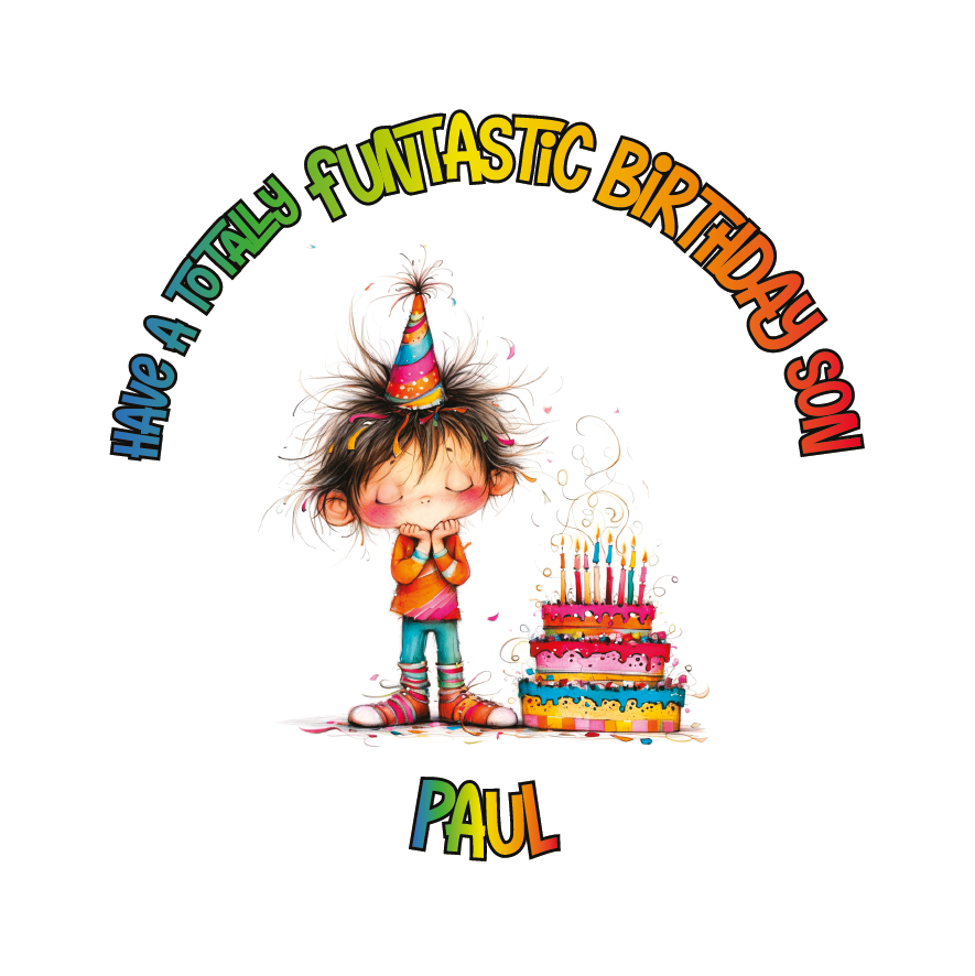 A Vibrant Colourful Birthday card with an illustration of a boy with a  Birthday cake and personalised text. Can be personalised for name age and relation