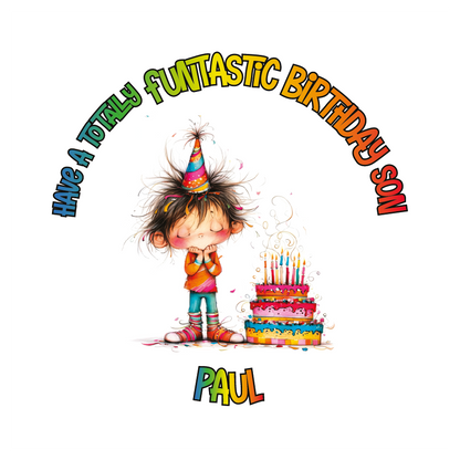A Vibrant Colourful Birthday card with an illustration of a boy with a  Birthday cake and personalised text. Can be personalised for name age and relation