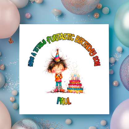 A Vibrant Colourful Birthday card with an illustration of a boy with a  Birthday cake and personalised text. Can be personalised for name age and relation