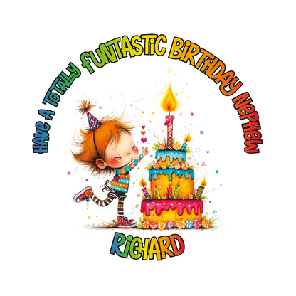 A Vibrant Colourful Birthday card with an illustration of a boy with a  Birthday cake and personalised text. Can be personalised for name age and relation