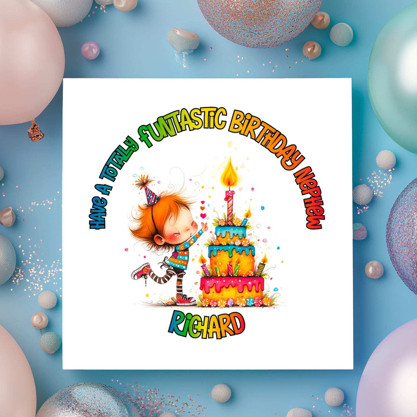 A Vibrant Colourful Birthday card with an illustration of a boy with a  Birthday cake and personalised text. Can be personalised for name age and relation