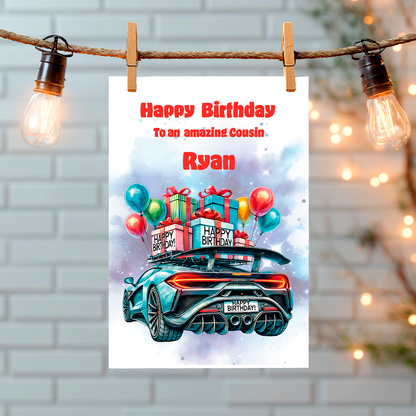 Birthday card with a back view of a blue sports  car, balloons, and presents on a white background, hanging on a string with lights.