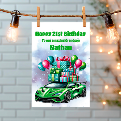 Birthday card with green sports car, presents, and balloons on a white background. Can be personalised to name, age and relation