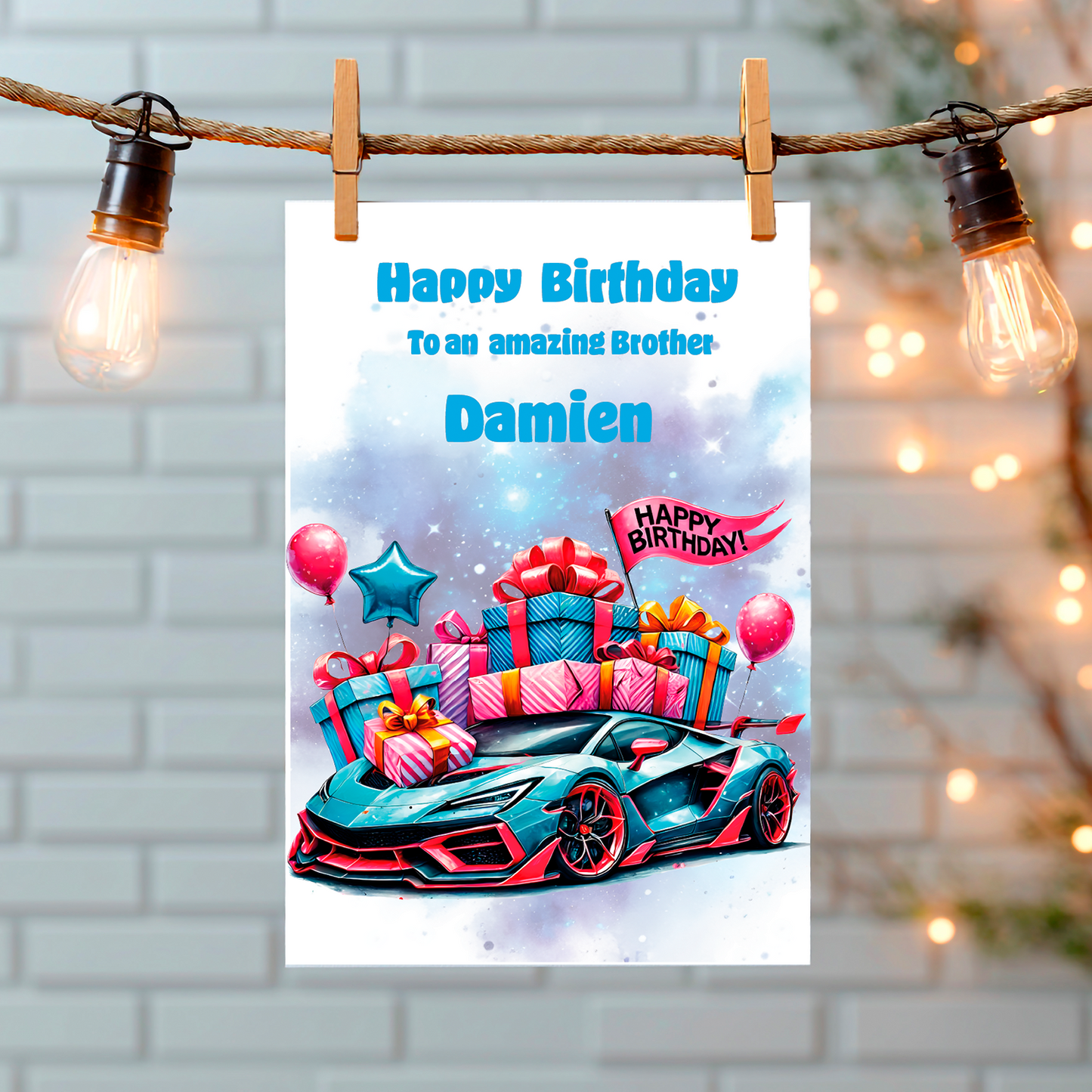 Birthday card with a  blue and red sports car and presents on a white background, hanging on a string with lights. Can be personalised to name, age and relation