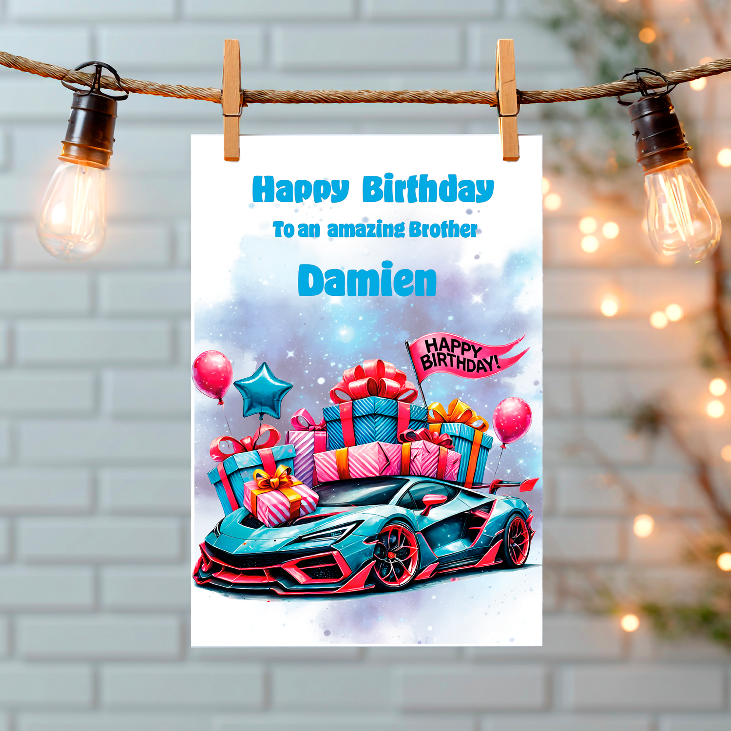 Birthday card with a  blue and red sports car and presents on a white background, hanging on a string with lights. Can be personalised to name, age and relation