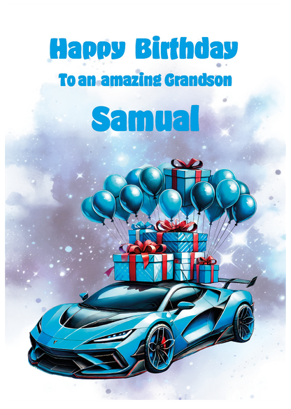 Birthday card with a blue sports car, presents, and balloons on an atmospheric background. Can be personalised to name, age and relation