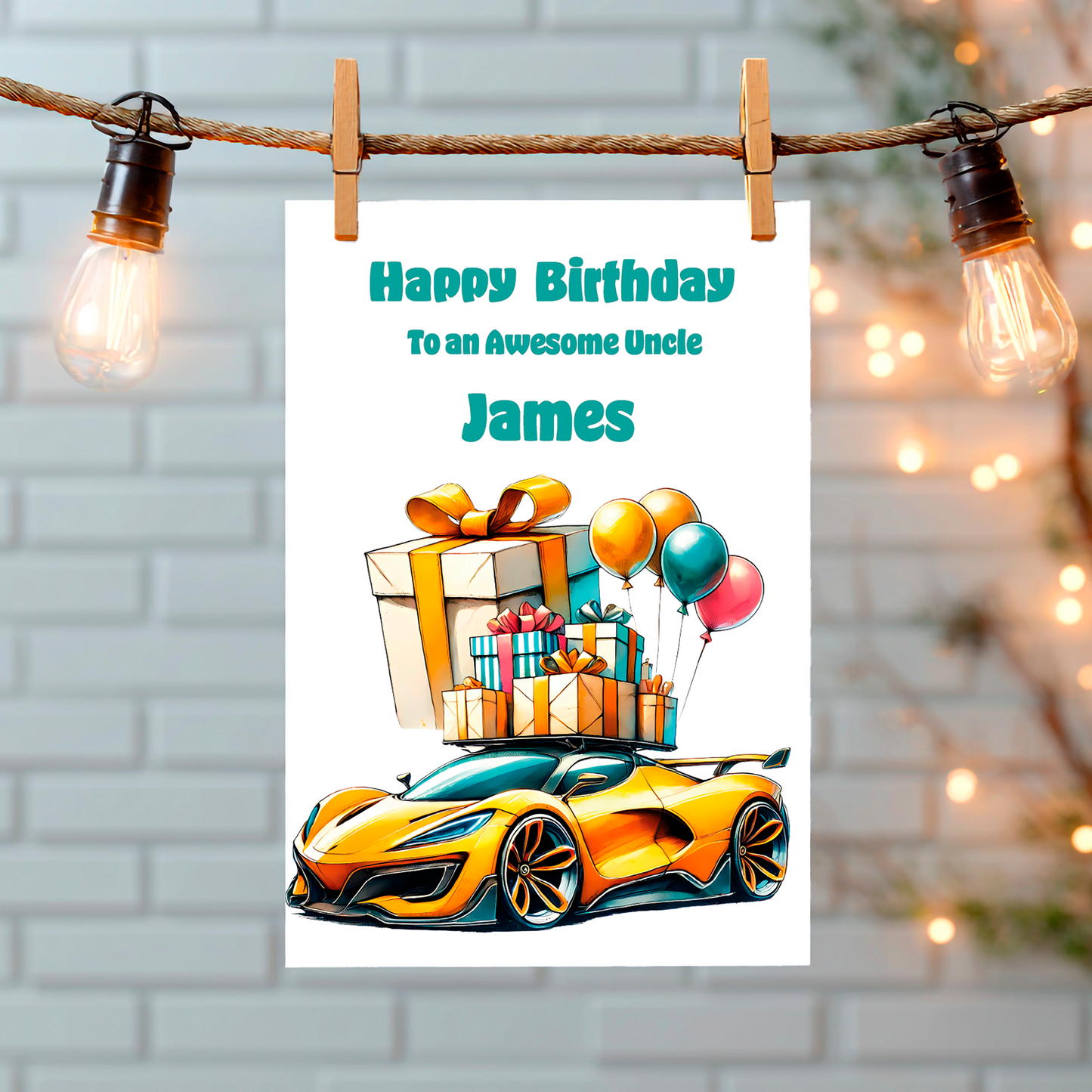 Birthday card with a  yellow sports car, presents, and balloons on a white background with 'Happy Birthday to an Awesome Uncle James' text. Can be personalised to name, age and relation