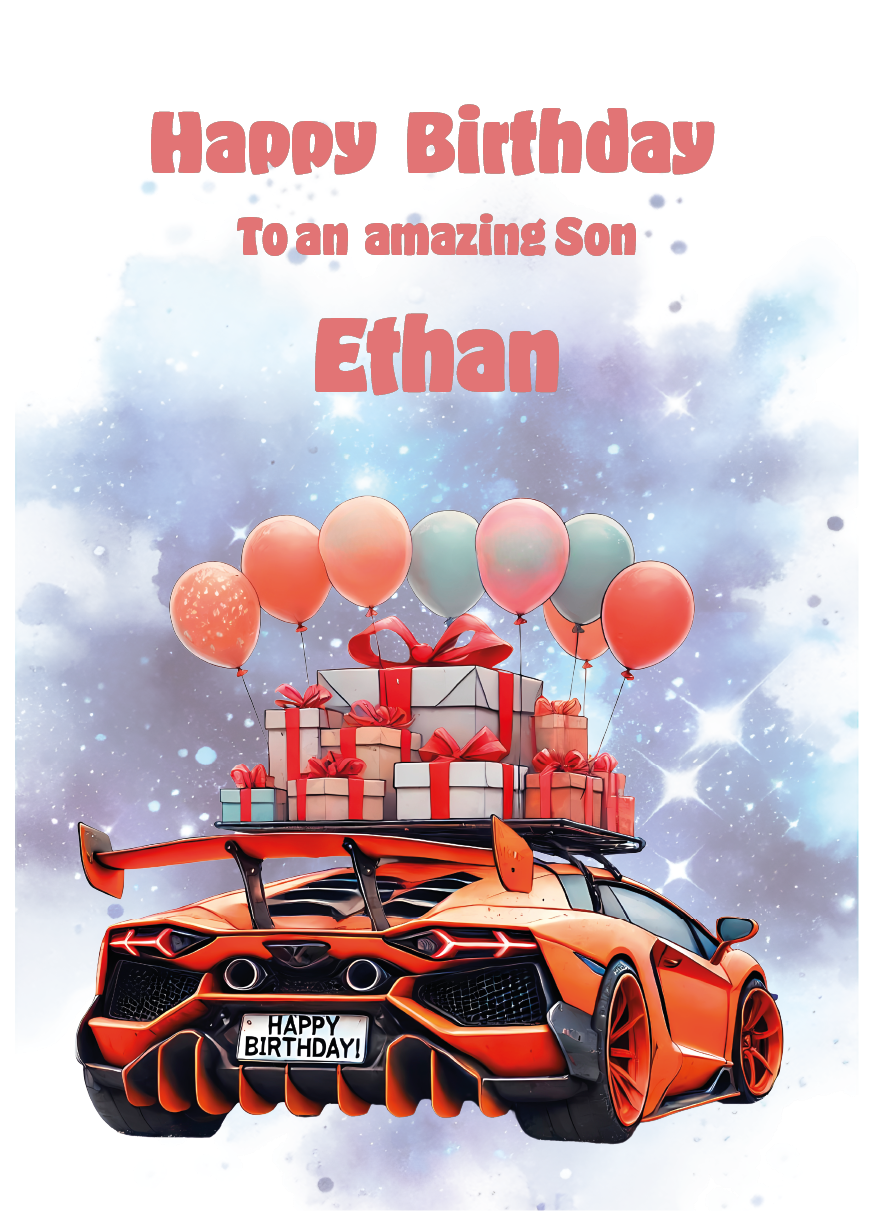 Birthday card with an orange car, gifts, and balloons on an atmospheric background. Can be personalised to name, age and relation