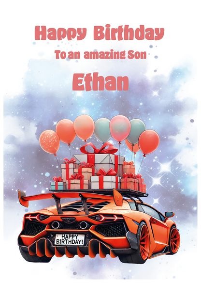 Birthday card with an orange car, gifts, and balloons on an atmospheric background. Can be personalised to name, age and relation