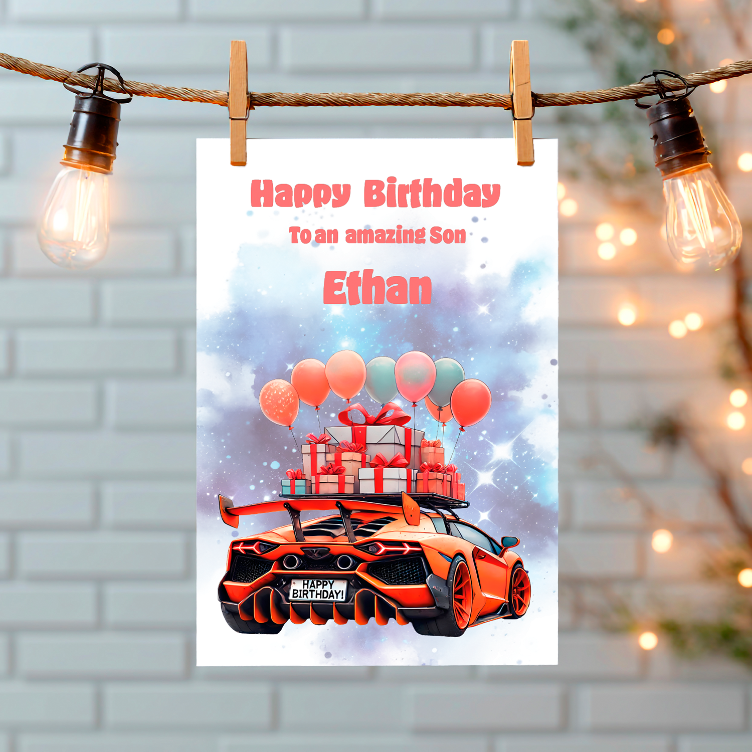 Birthday card with an orange car, balloons, and gifts on a white background with 'Happy Birthday to an amazing son Ethan' text. Can be personalised to name, age and relation