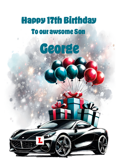 Happy 17th birthday card with a car, gifts, and balloons on a white background. Can be personalised to name, age and relation