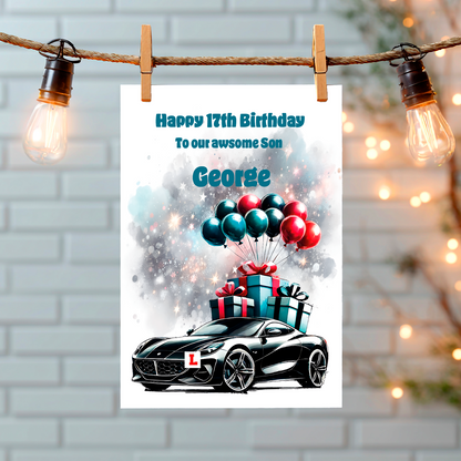 Birthday card with balloons, gifts, and a  black sports car,  presented on a piece of  string with lights. Can be personalised to name, age and relation