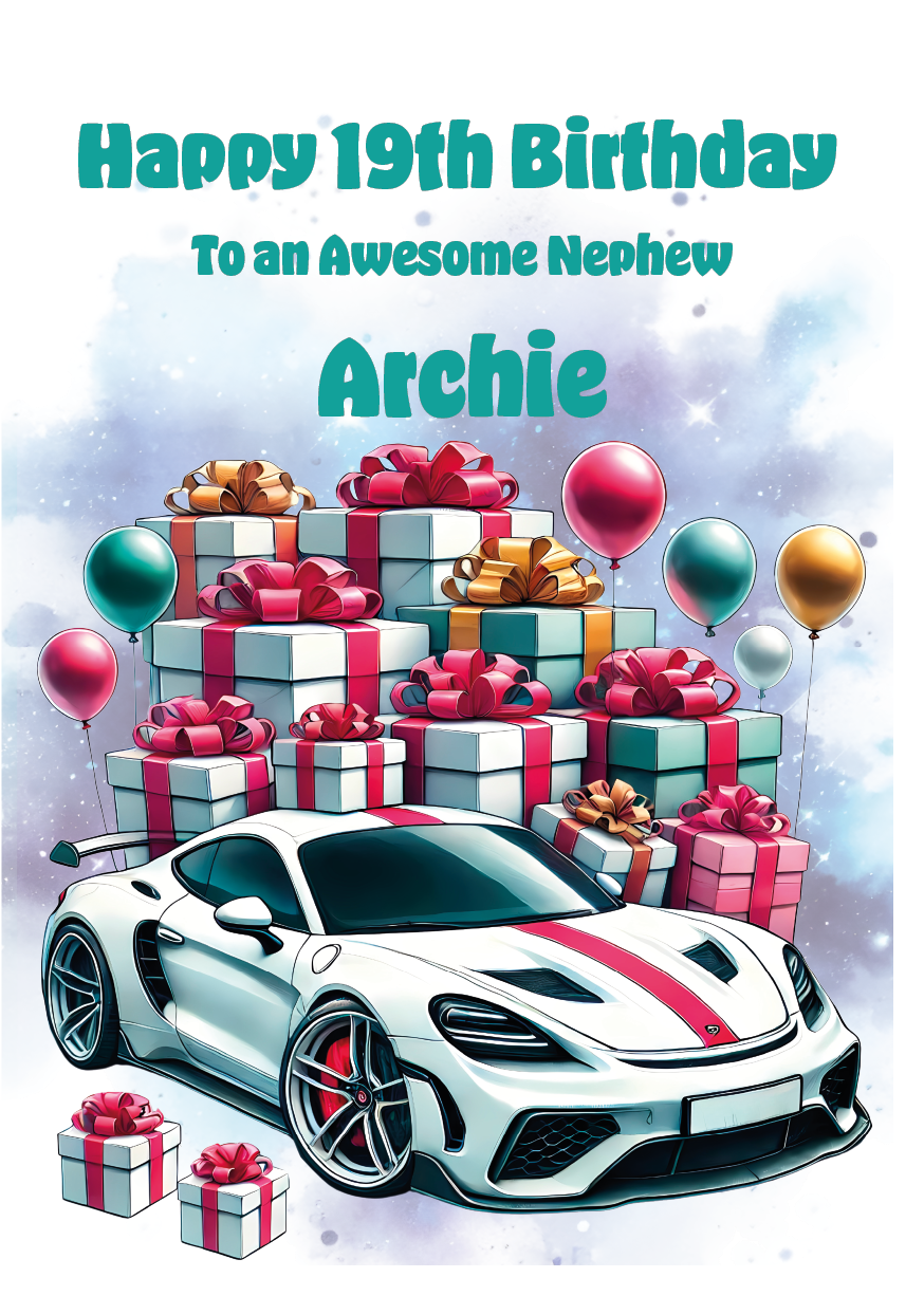 Happy 19th birthday card for an awesome nephew with gifts and a white sports car illustration. Can be personalised to name, age and relation