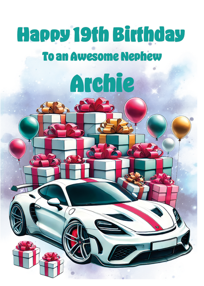 Happy 19th birthday card for an awesome nephew with gifts and a white sports car illustration. Can be personalised to name, age and relation