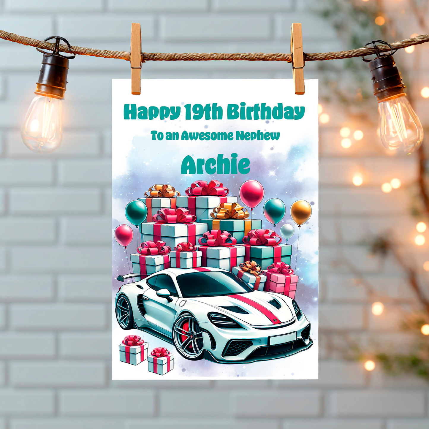 Birthday card with a  white sports car and presents on a white background, hanging on a string with lights. Can be personalised to name, age and relation