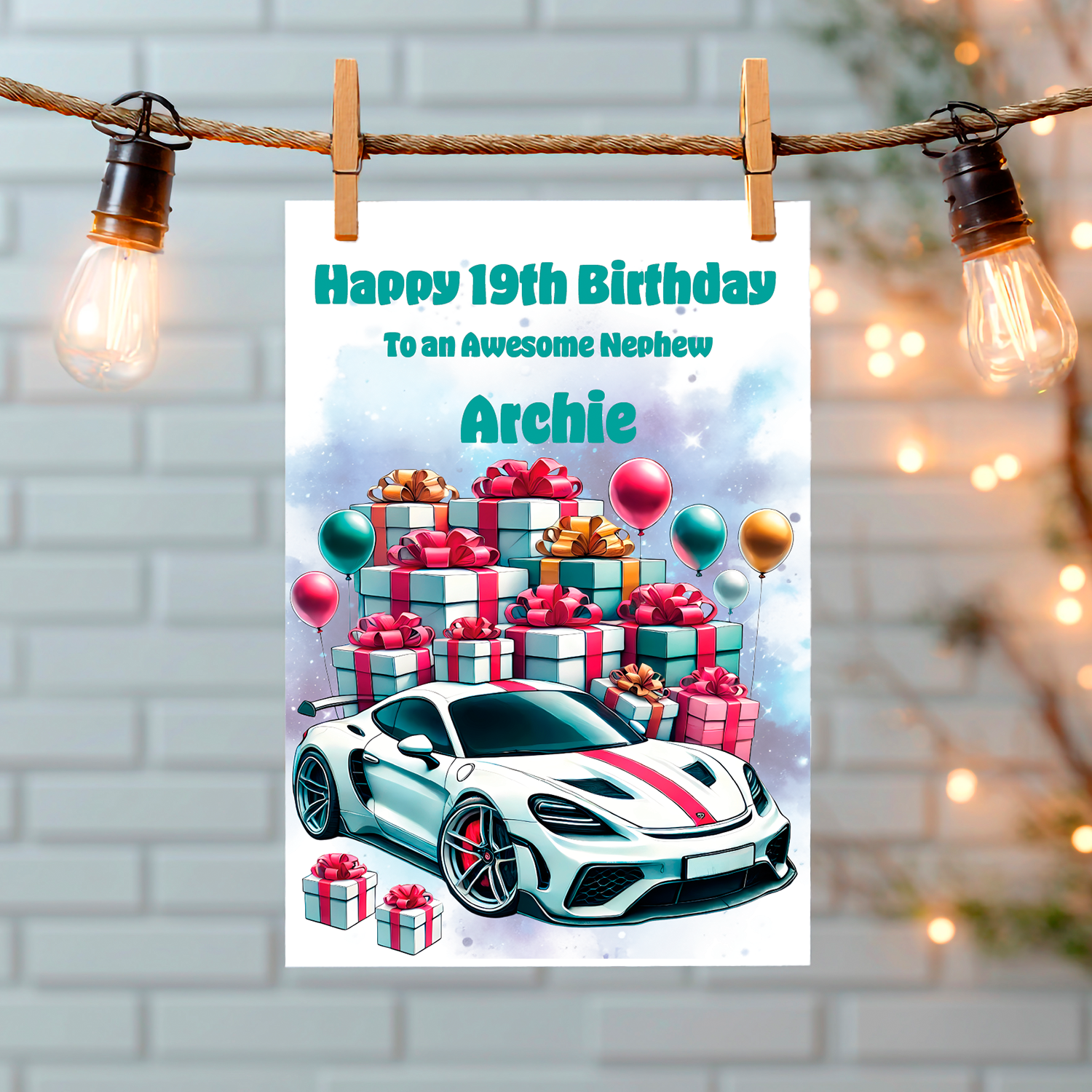 Birthday card with a  white sports car and presents on a white background, hanging on a string with lights. Can be personalised to name, age and relation