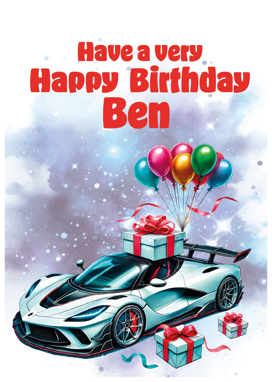 Birthday card with a car, gift boxes, and balloons against an atmospheric background. Can be personalised to name, age and relation