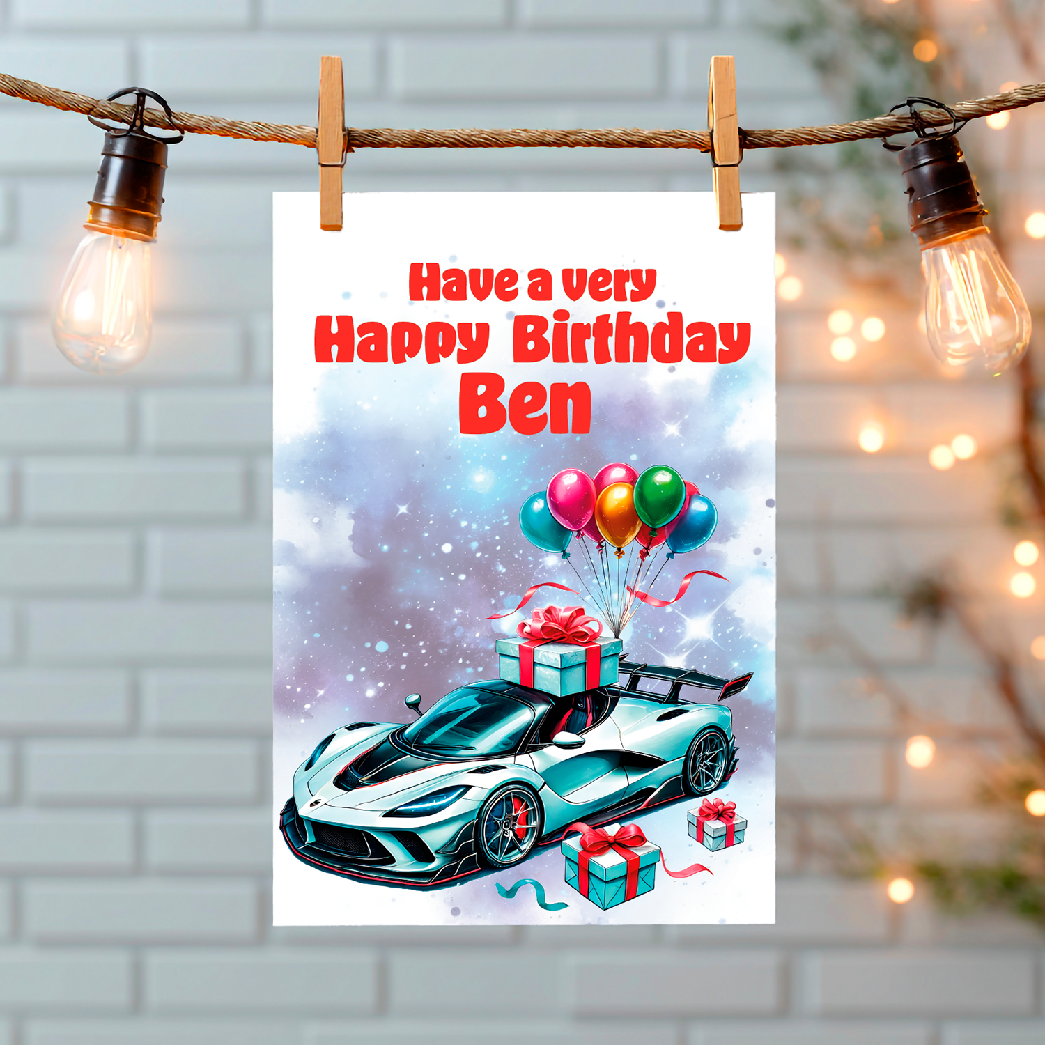 Birthday card with a  turquoise sports car , balloons, and gifts on a white background with 'Have a very Happy Birthday Ben' text. Can be personalised to name, age and relation