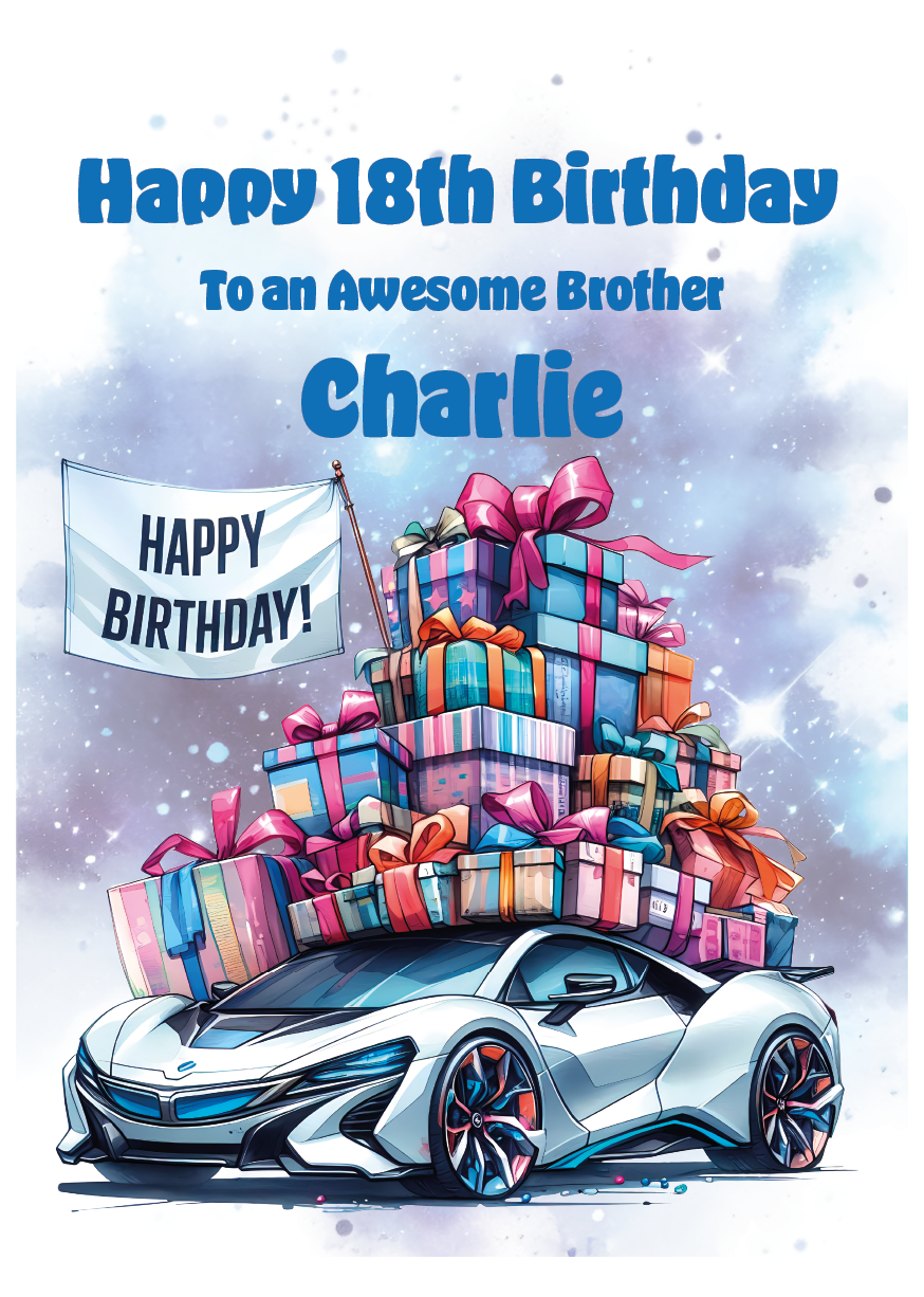 Happy 18th birthday card with a silver sports  car carrying presents and 'Happy Birthday' banner on an Atmospheric  background. Can be personalised to name, age and relation