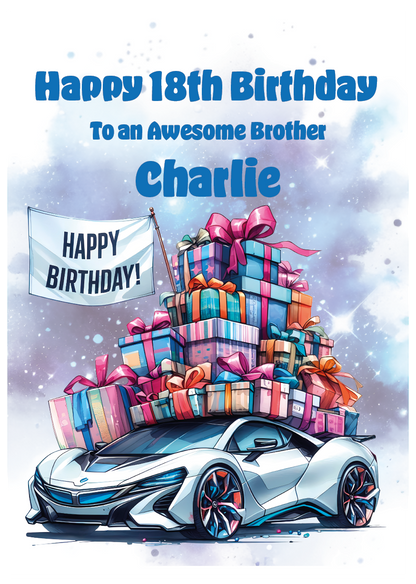 Happy 18th birthday card with a silver sports  car carrying presents and 'Happy Birthday' banner on an Atmospheric  background. Can be personalised to name, age and relation