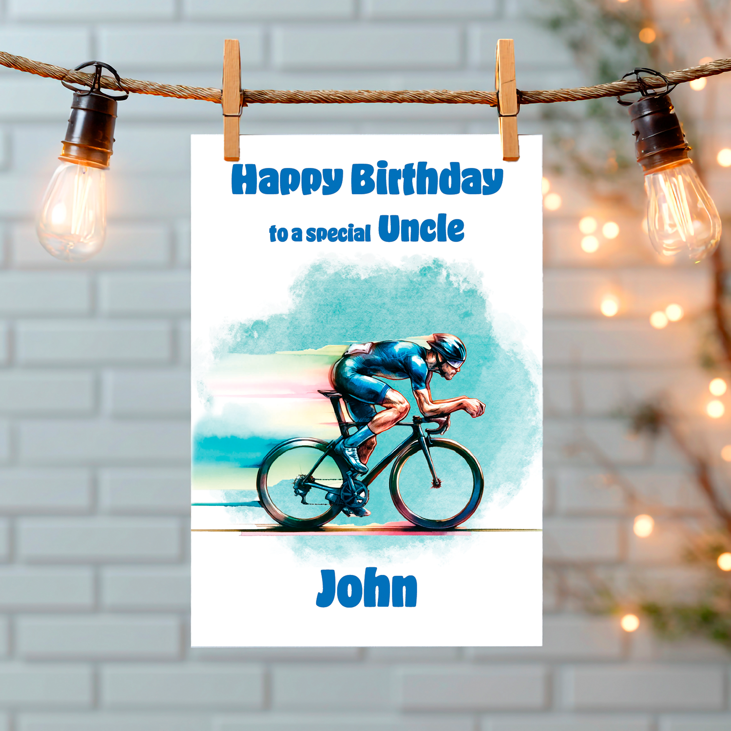Birthday card for a special uncle with a cyclist on a colorful background, hanging on a string with lights. Can be personalised for name and relation.