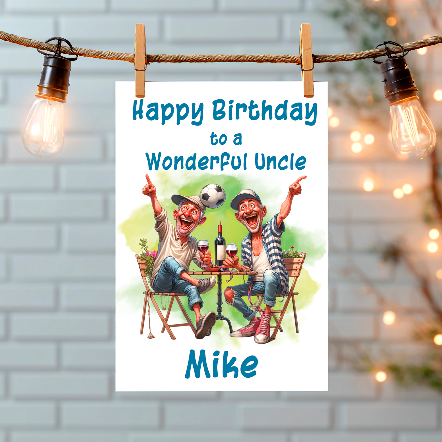 Birthday card for an uncle with cartoon characters sat enjoying a drink and a football bouncing of one of their heads. and personalised  name on a decorative background. Can be personalised for name and relation.