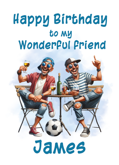 Two friends sitting at a table with drinks and a soccer ball, celebrating a birthday with the text 'Happy Birthday to my Wonderful Friend James'. Can be personalised for name and relation.
