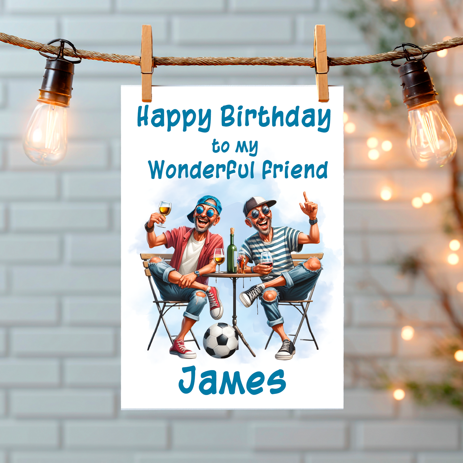 Birthday card with two friends at a table, both  holding a drink and a football under the table , with 'Happy Birthday to my Wonderful Friend James' text. Can be personalised for name and relation.