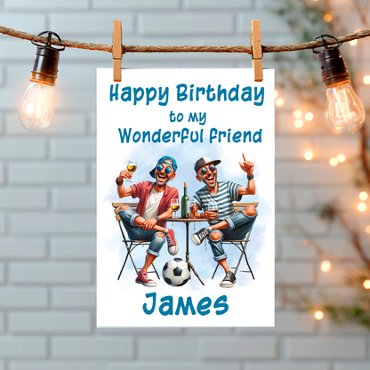 Birthday card with two friends at a table, both  holding a drink and a football under the table , with 'Happy Birthday to my Wonderful Friend James' text. Can be personalised for name and relation.