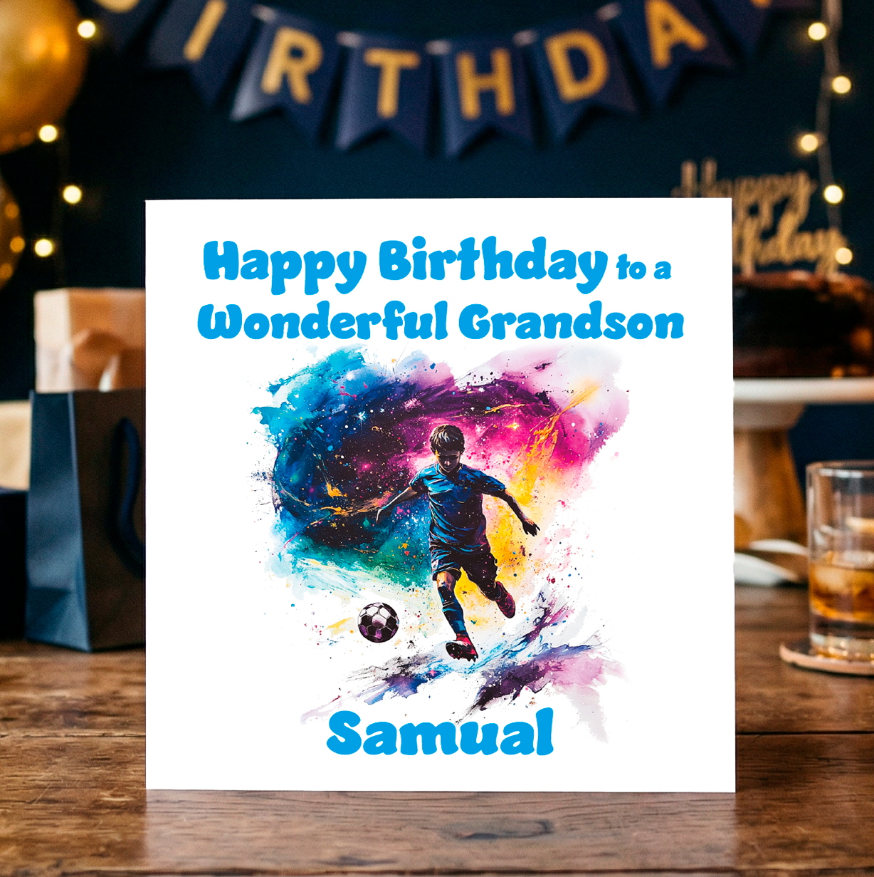 Birthday card for a son with  an illustration of a footballer. colorful design and text on a wooden table. Can be personalised for mane and relation